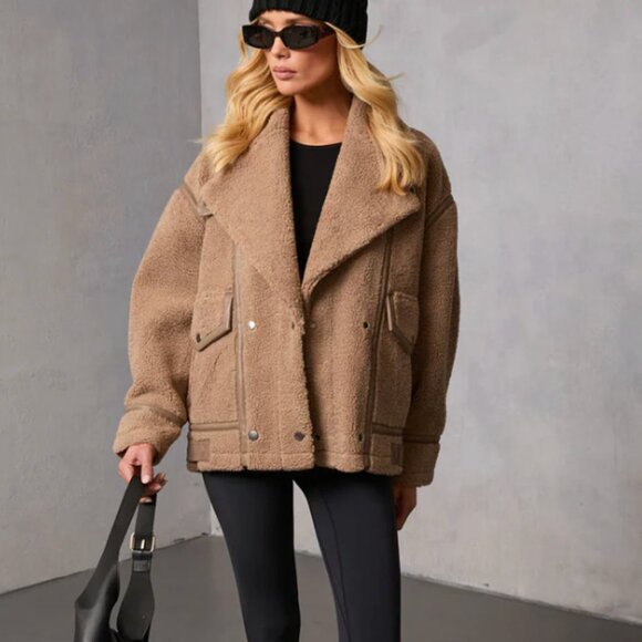 Vici Jackets & Blazers - Evans Oversized Sherpa Bomber Jacket in Mocha | Vici